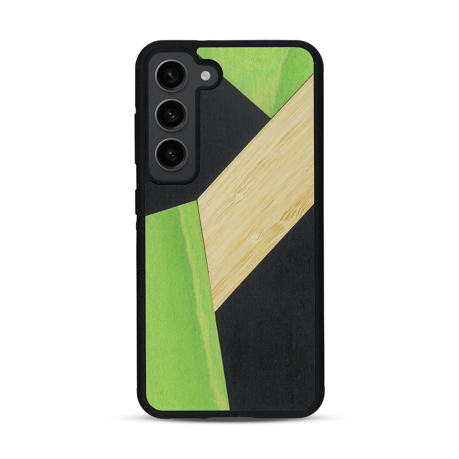 Coque de protection en bois véritable fabriquée en France pour  alliant du bambou, du tulipier vert et noir en forme de mosaïque minimaliste sur le thème de l'art abstrait