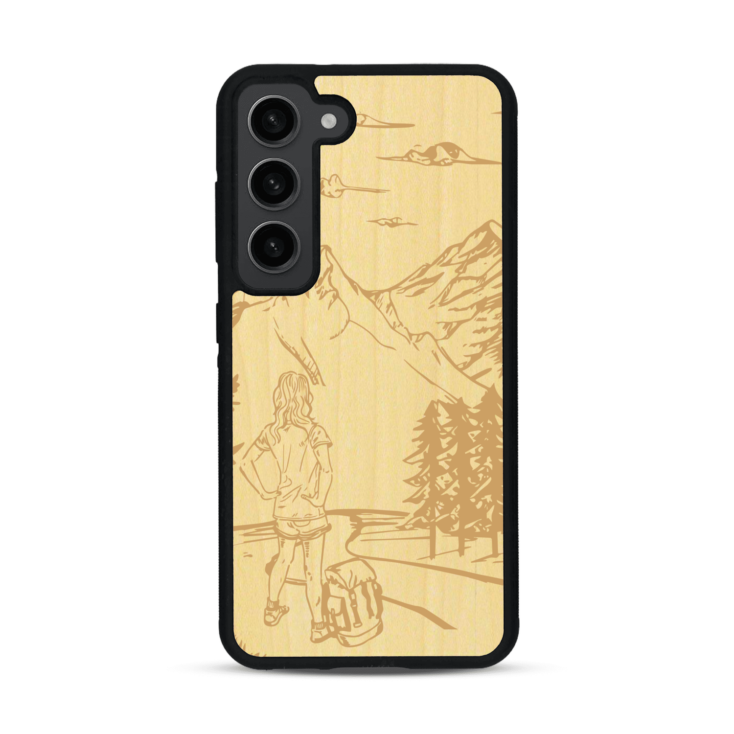Coque de protection en bois véritable fabriquée en France pour  sur le thème de la randonnée en montagne et de l'aventure avec une gravure représentant une femme de dos face à un paysage de nature