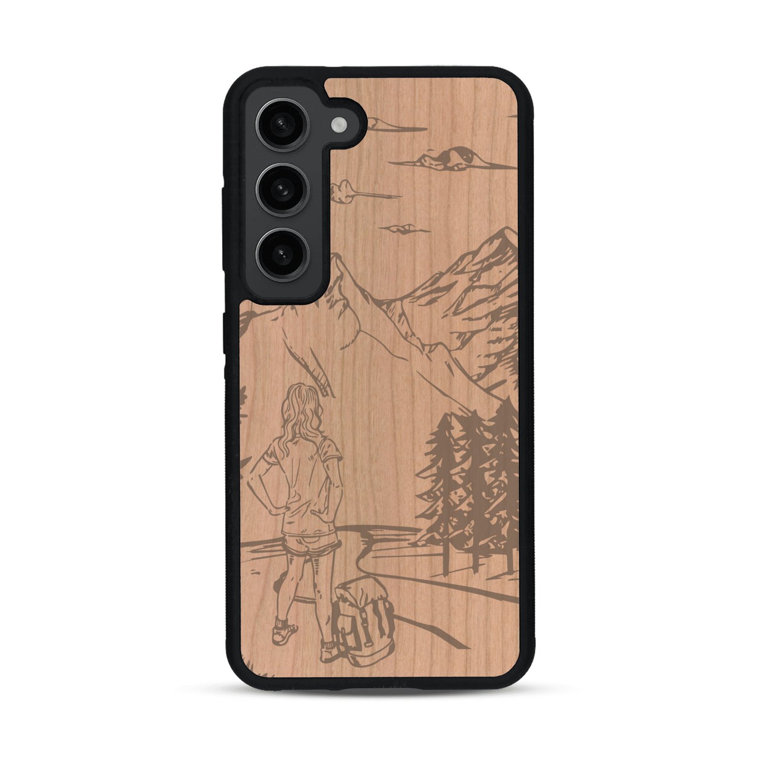 Coque de protection en bois véritable fabriquée en France pour  sur le thème de la randonnée en montagne et de l'aventure avec une gravure représentant une femme de dos face à un paysage de nature