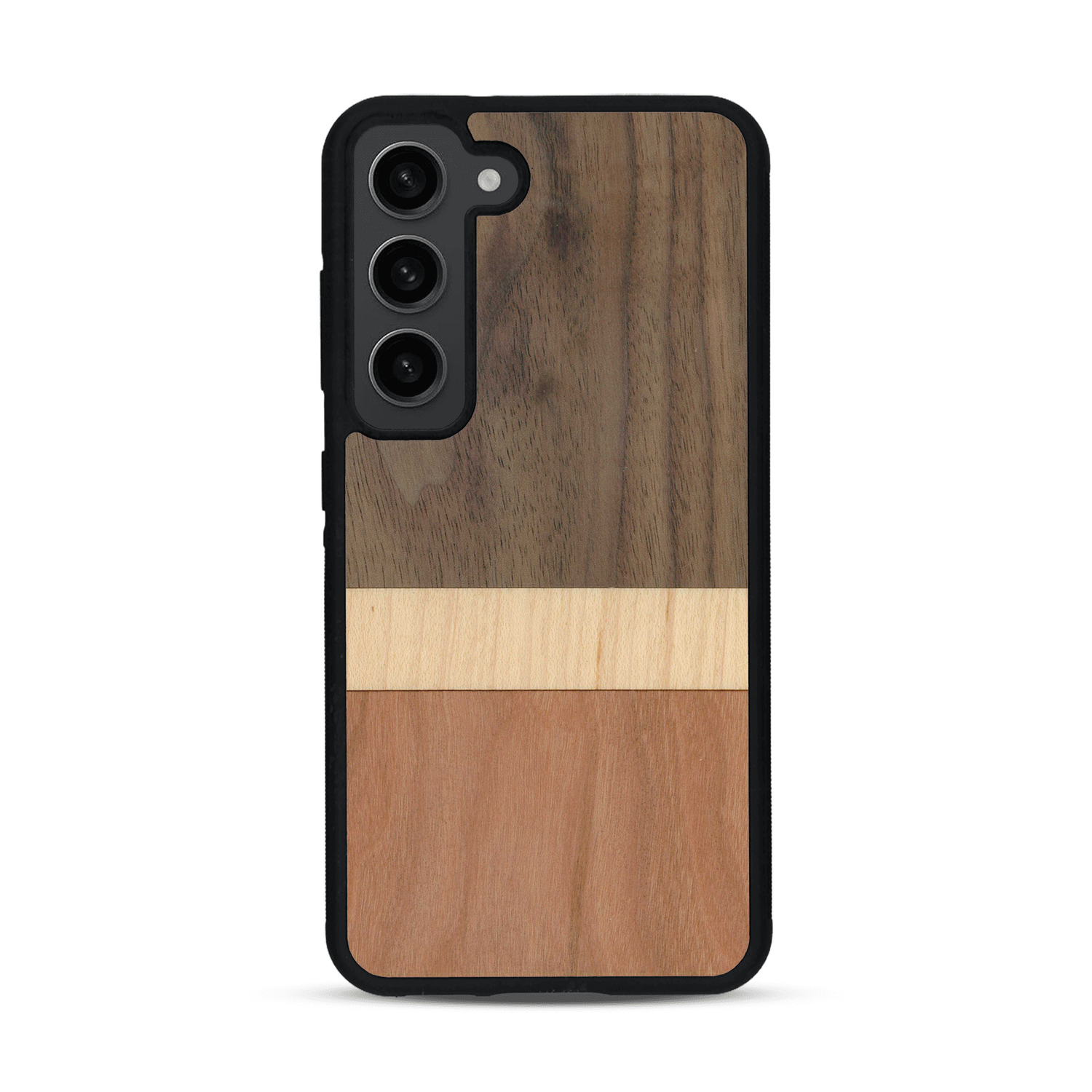 Coque de protection en bois véritable fabriquée en France pour  alliant des bandes horizontales de bambou, merisier et noyer