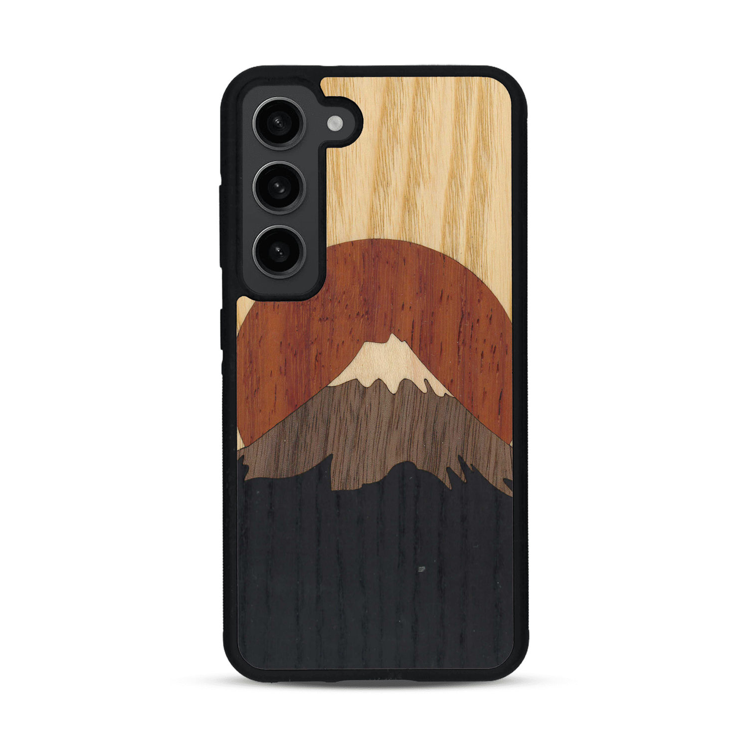 Coque de protection en bois véritable fabriquée en France pour  alliant plusieurs essences de bois pour représenter le mont Fuji