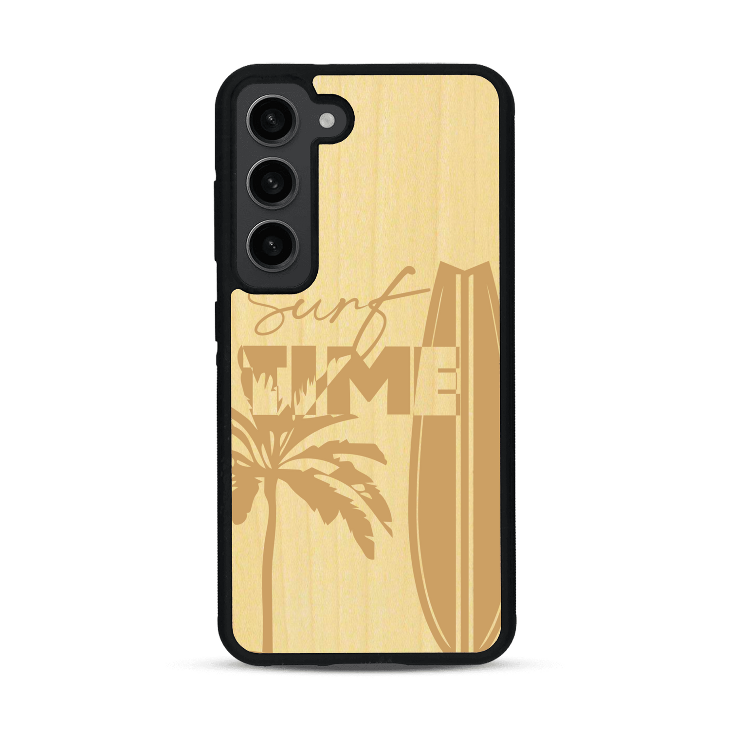 Coque de protection en bois véritable fabriquée en France pour  sur le thème chill avec un motif représentant une silouhette tenant une planche de surf sur une plage entouré de palmiers et les mots "Surf Time Long Beach Miami"