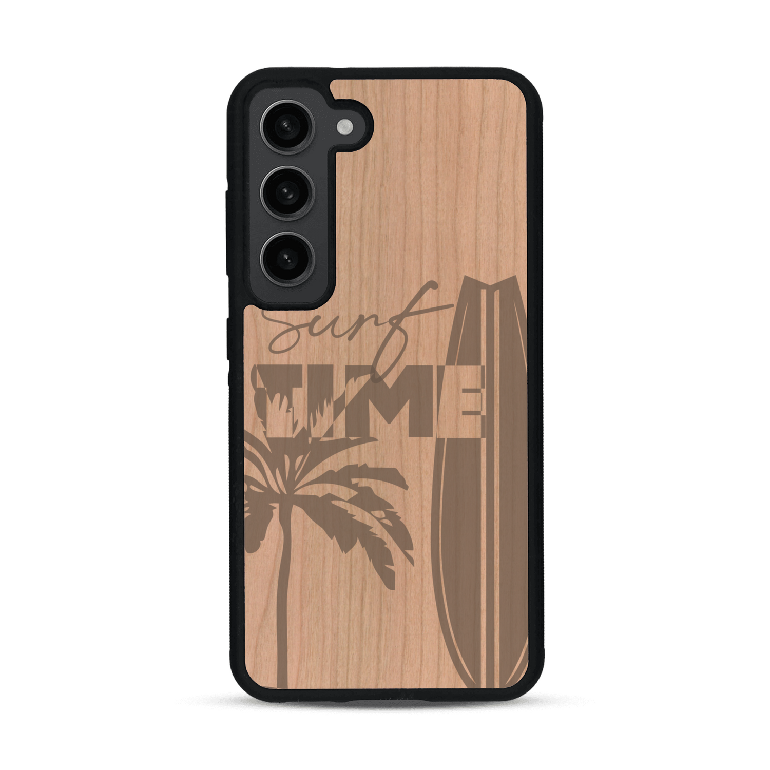 Coque de protection en bois véritable fabriquée en France pour  sur le thème chill avec un motif représentant une silouhette tenant une planche de surf sur une plage entouré de palmiers et les mots "Surf Time Long Beach Miami"