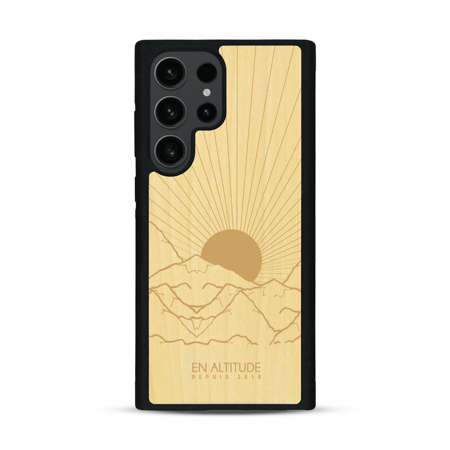 Coque de protection en bois véritable fabriquée en France pour  représentant des montagnes, sur le thème de la randonnée en pleine nature et du trail