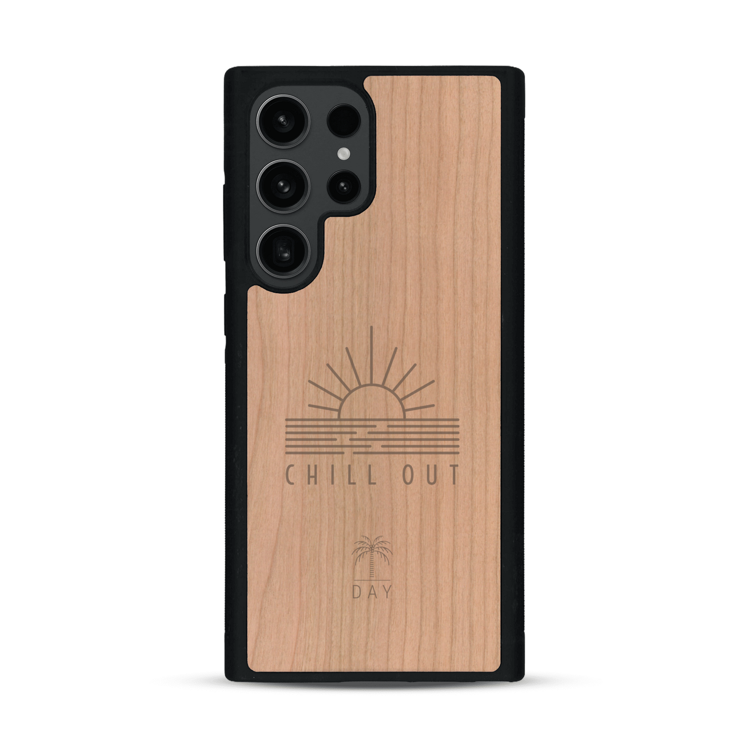 Coque de protection en bois véritable fabriquée en France pour  sur le thème chill avec un motif représentant un couché de soleil sur l'océan et la phrase "Chill out"