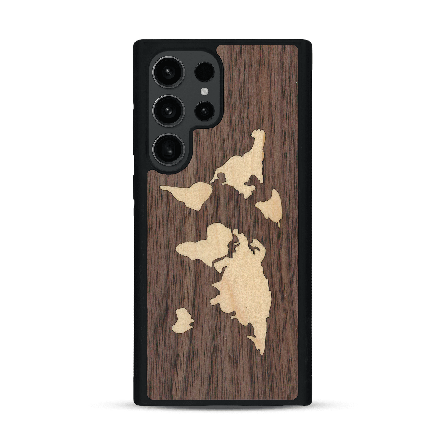 Coque de protection en bois véritable fabriquée en France pour  alliant du bambou et du noyer sur le thème du voyage et de l'aventure représentant une mappemonde
