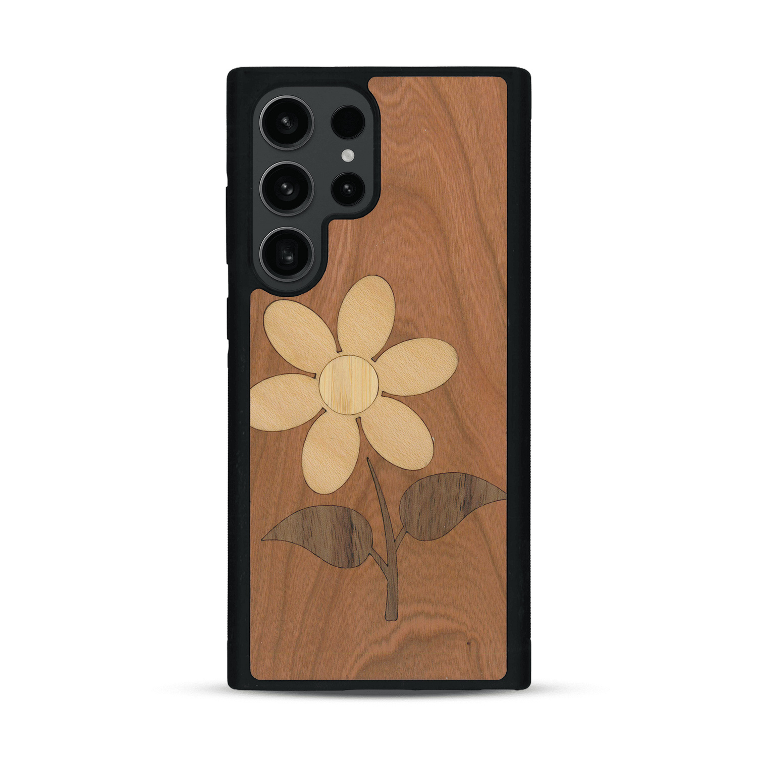 Coque de protection en bois véritable fabriquée en France pour  alliant plusieurs essences de bois pour représenter une marguerite