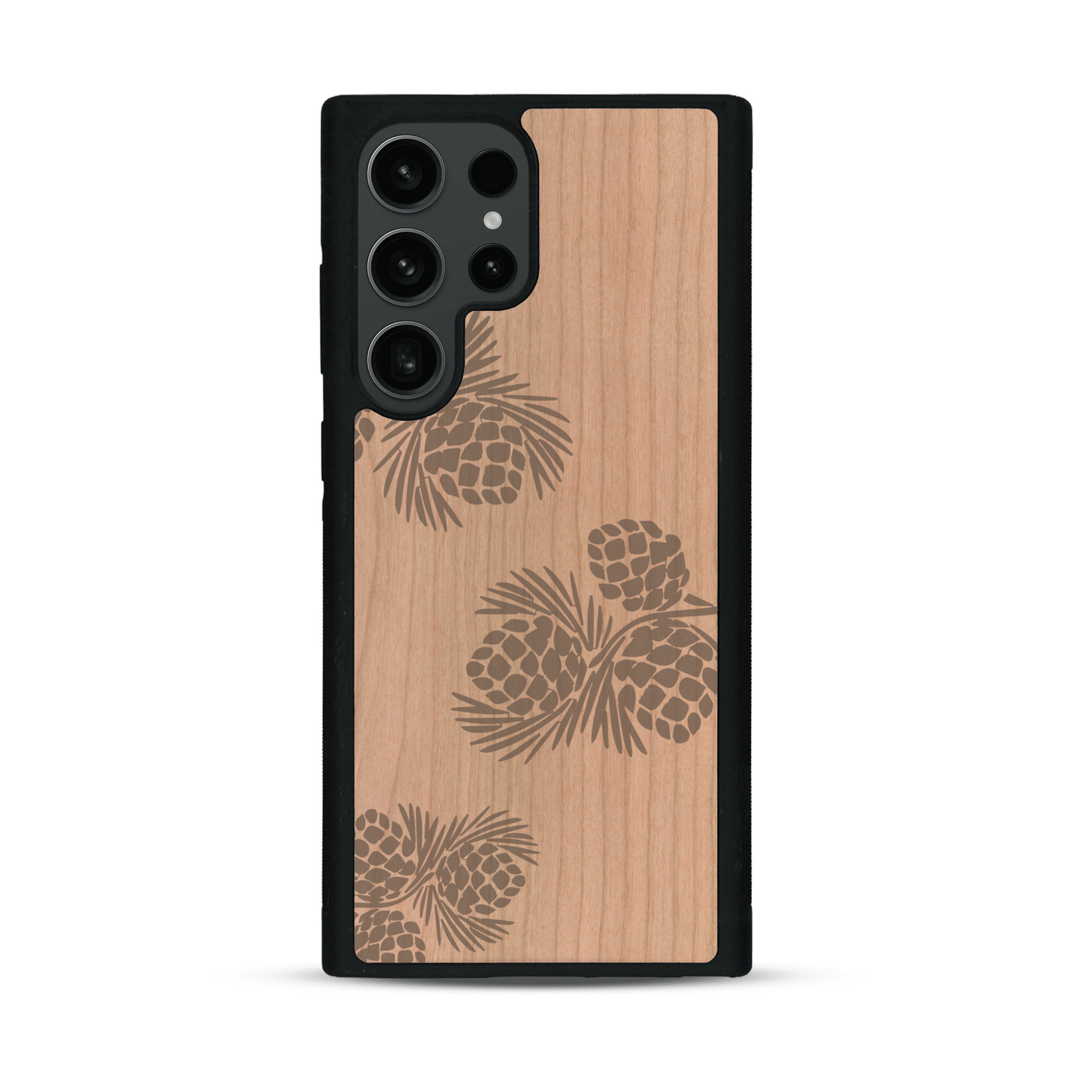 Coque de protection en bois véritable fabriquée en France pour  sur le thème de la nature des arbres avec un motif de gravure représentant des épines de sapin et des pommes de pin