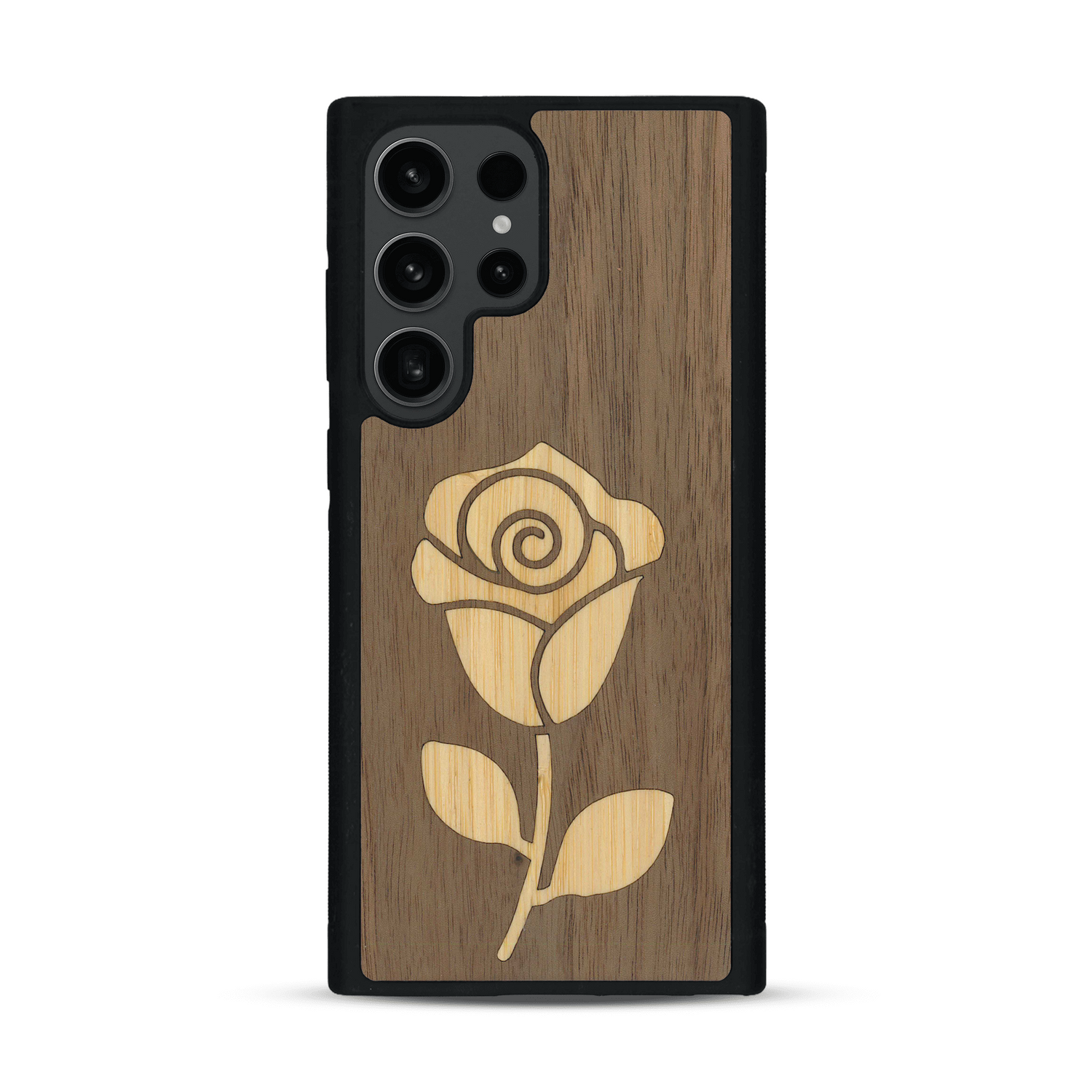Coque de protection en bois véritable fabriquée en France pour  alliant plusieurs essences de bois pour représenter une rose
