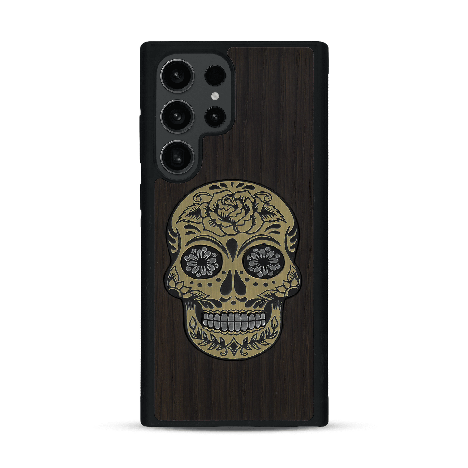 Coque de protection en bois véritable fabriquée en France pour  alliant du chêne fumé avec du métal argenté et doré représentant une tête de mort mexicaine sur le thème Dia de los Muertos