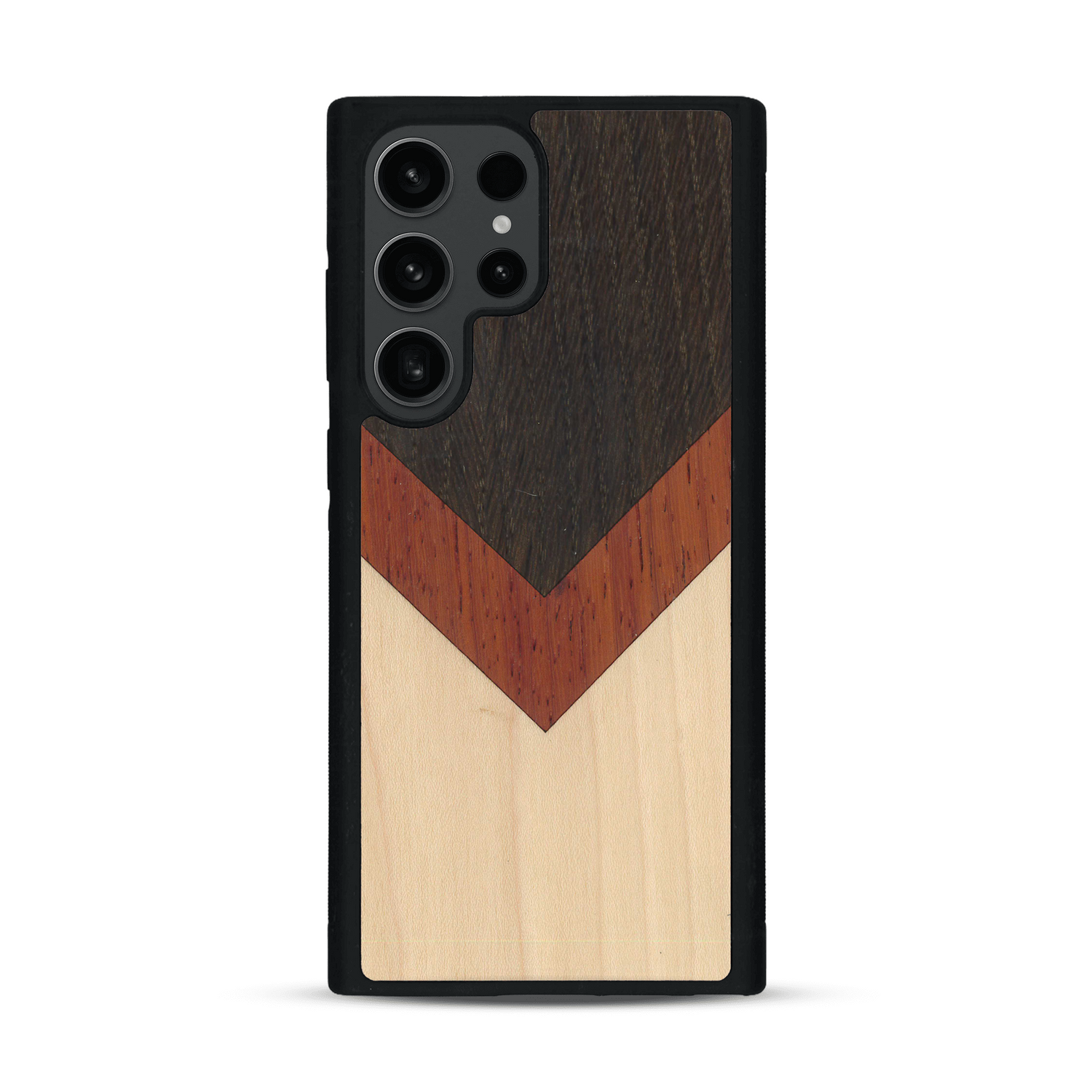 Coque de protection en bois véritable fabriquée en France pour  alliant du chêne fumé, du padouk et du bambou en forme de chevron sur le thème de l'art abstrait