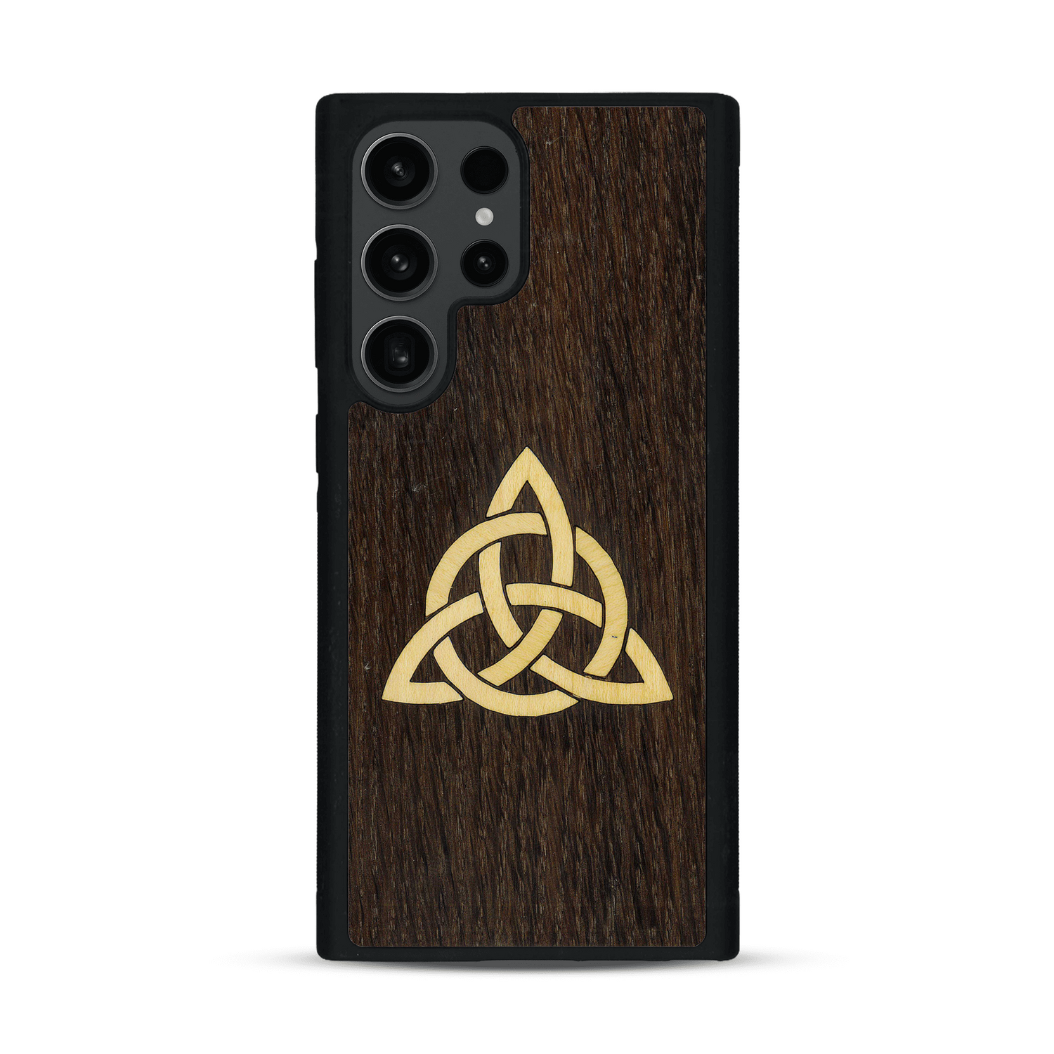 Coque de protection en bois véritable fabriquée en France pour  alliant du chêne fumé et du bambou représentant une triquetra