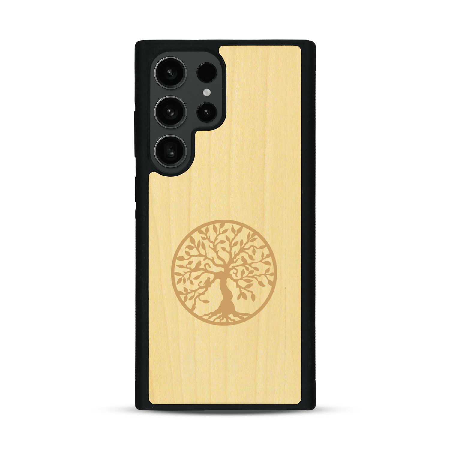Coque de protection en bois véritable fabriquée en France pour  sur le thème de la spiritualité et du yoga avec une gravure zen représentant un arbre de vie
