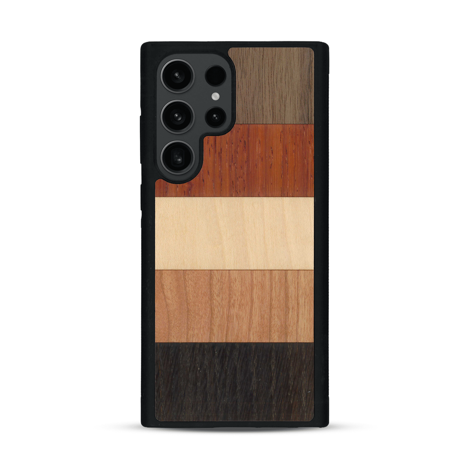 Coque de protection en bois véritable fabriquée en France pour  alliant des bandes horizontales de bambou, merisier, padouk, noyer et chêne fumé