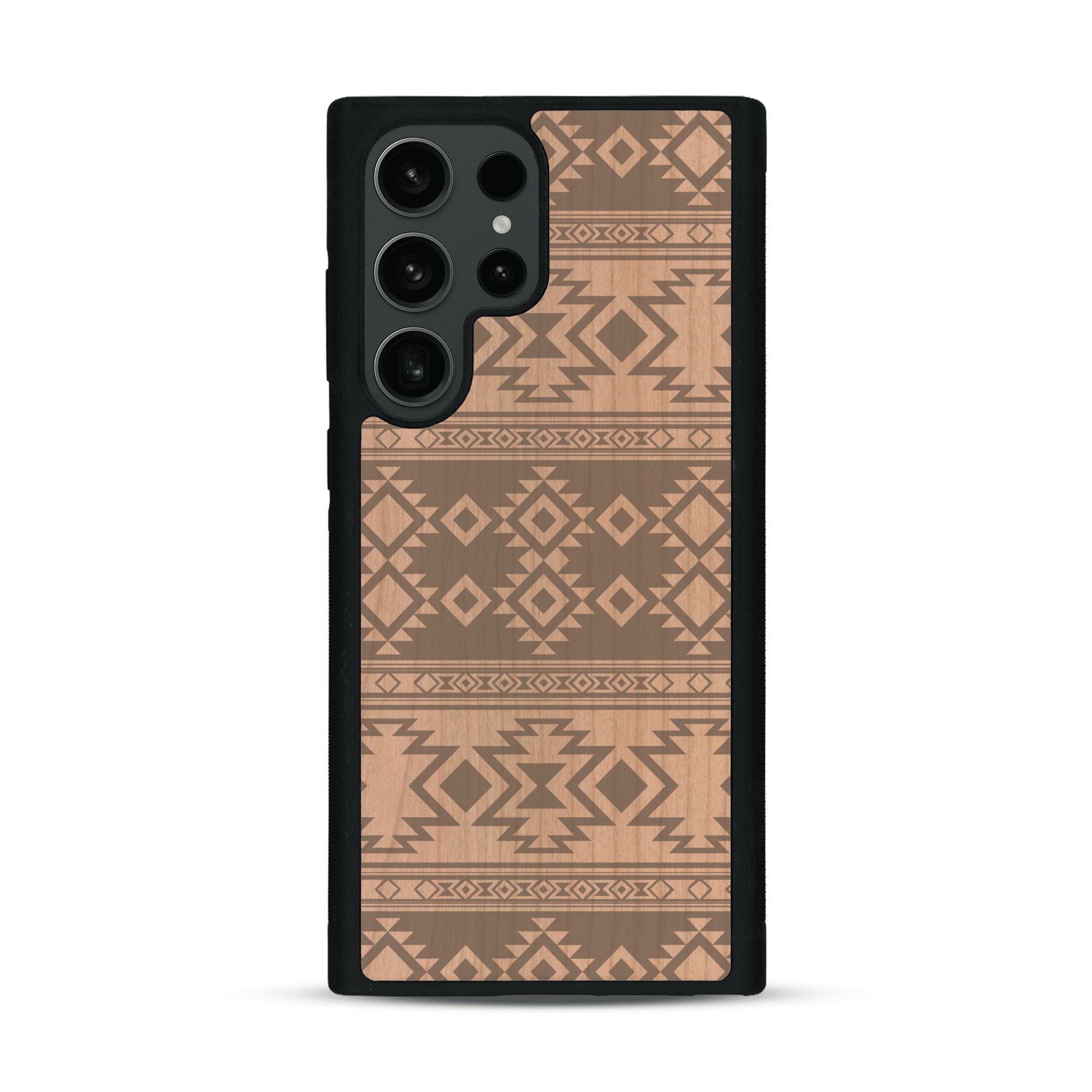 Coque de protection en bois véritable fabriquée en France pour  avec des motifs géométriques s'inspirant des temples aztèques, mayas et incas