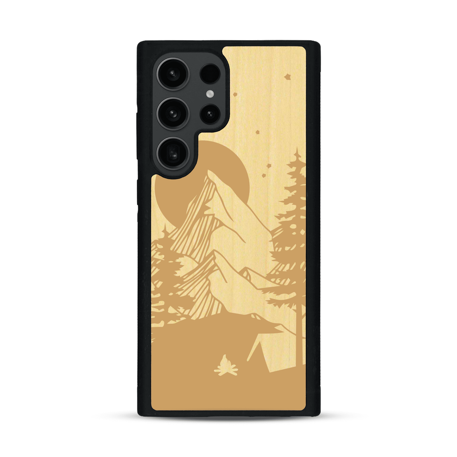 Coque de protection en bois véritable fabriquée en France pour  sur le thème du camping en pleine nature représentant une tente avec un feu de camp entouré de montagnes