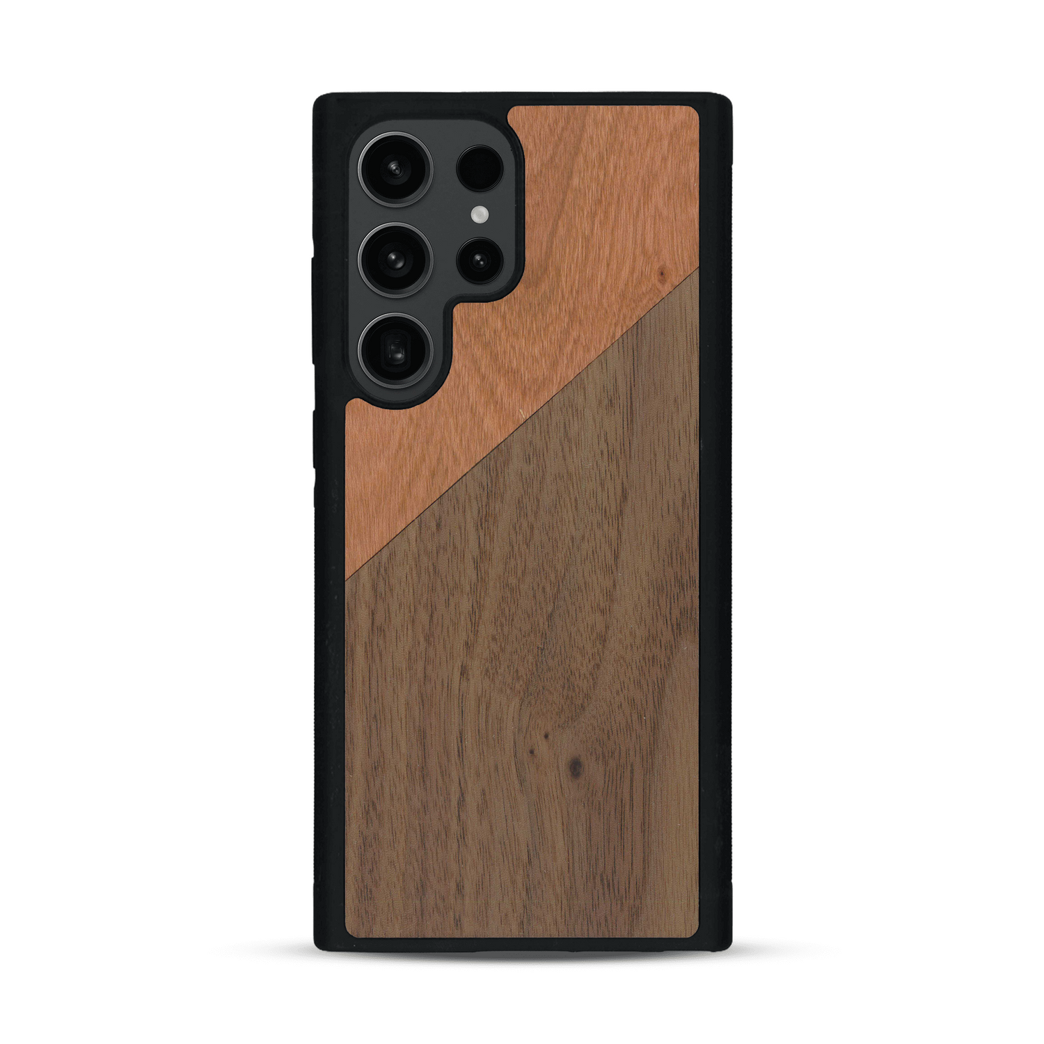 Coque de protection en bois véritable fabriquée en France pour  alliant du merisier et du noyer formant chacun un triangle avec une jointure en diagonale sur le thème de l'art abstrait