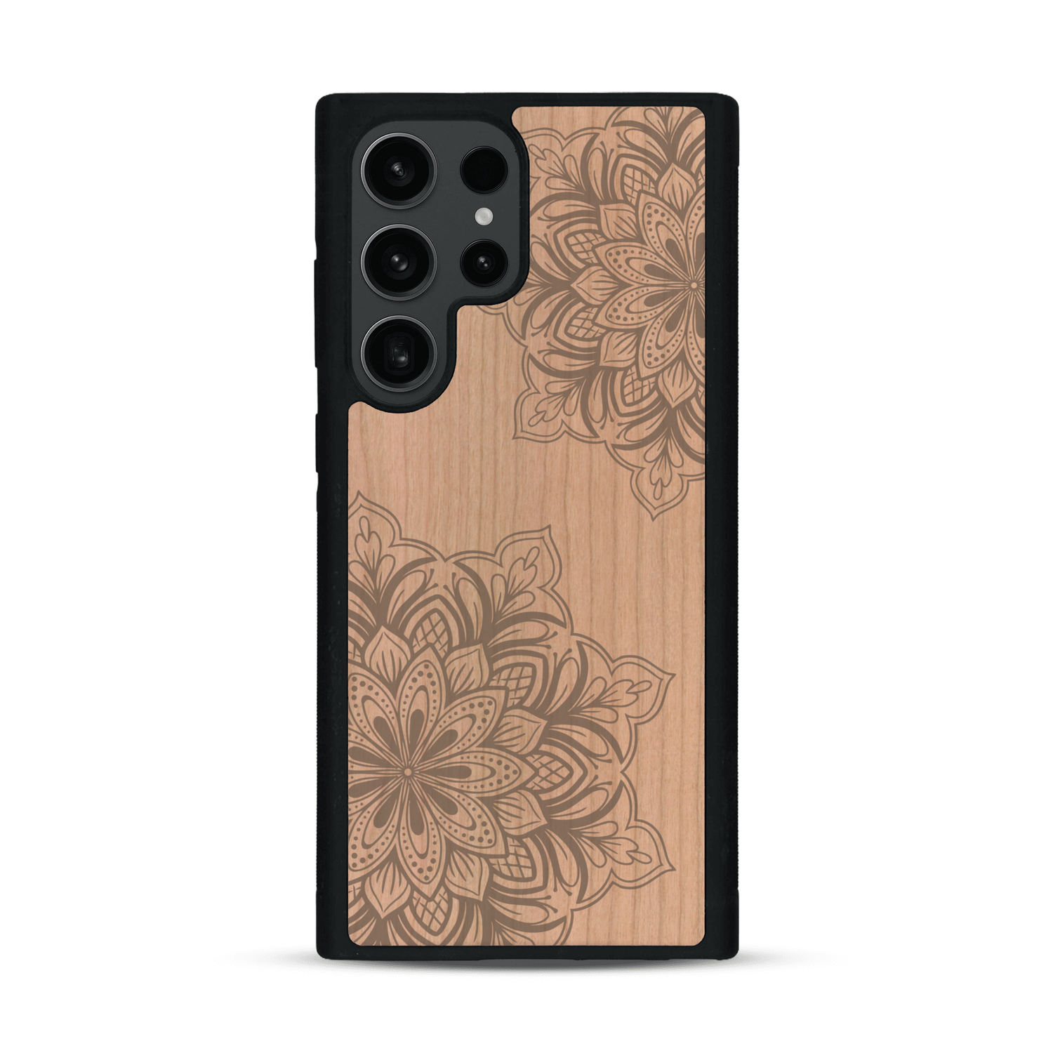Coque de protection en bois véritable fabriquée en France pour  sur le thème de la bohème et du tatouage au henné avec une gravure représentant un mandala