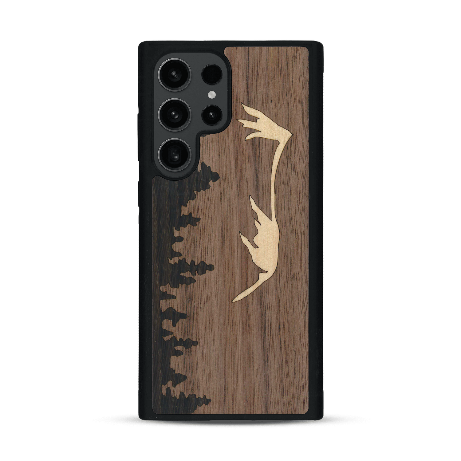 Coque de protection en bois véritable fabriquée en France pour  sur le thème de la nature et de la montagne qui allie du chêne fumé, du noyer et du bambou représentant le mont mézenc