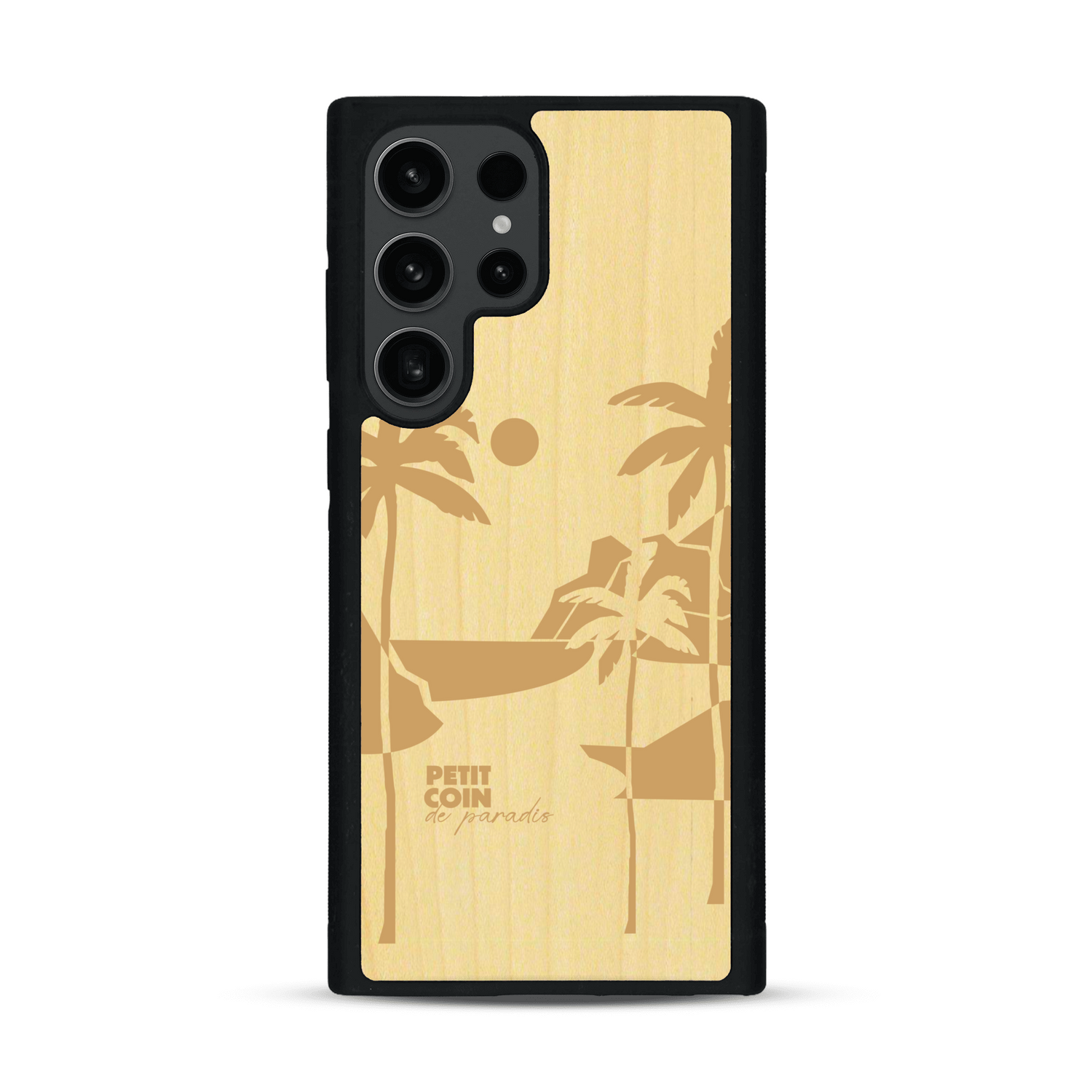 Coque de protection en bois véritable fabriquée en France pour  sur le thème des voyages en vans, vanlife et chill avec une gravure représentant un van vw combi devant le soleil couchant sur une plage avec des vagues