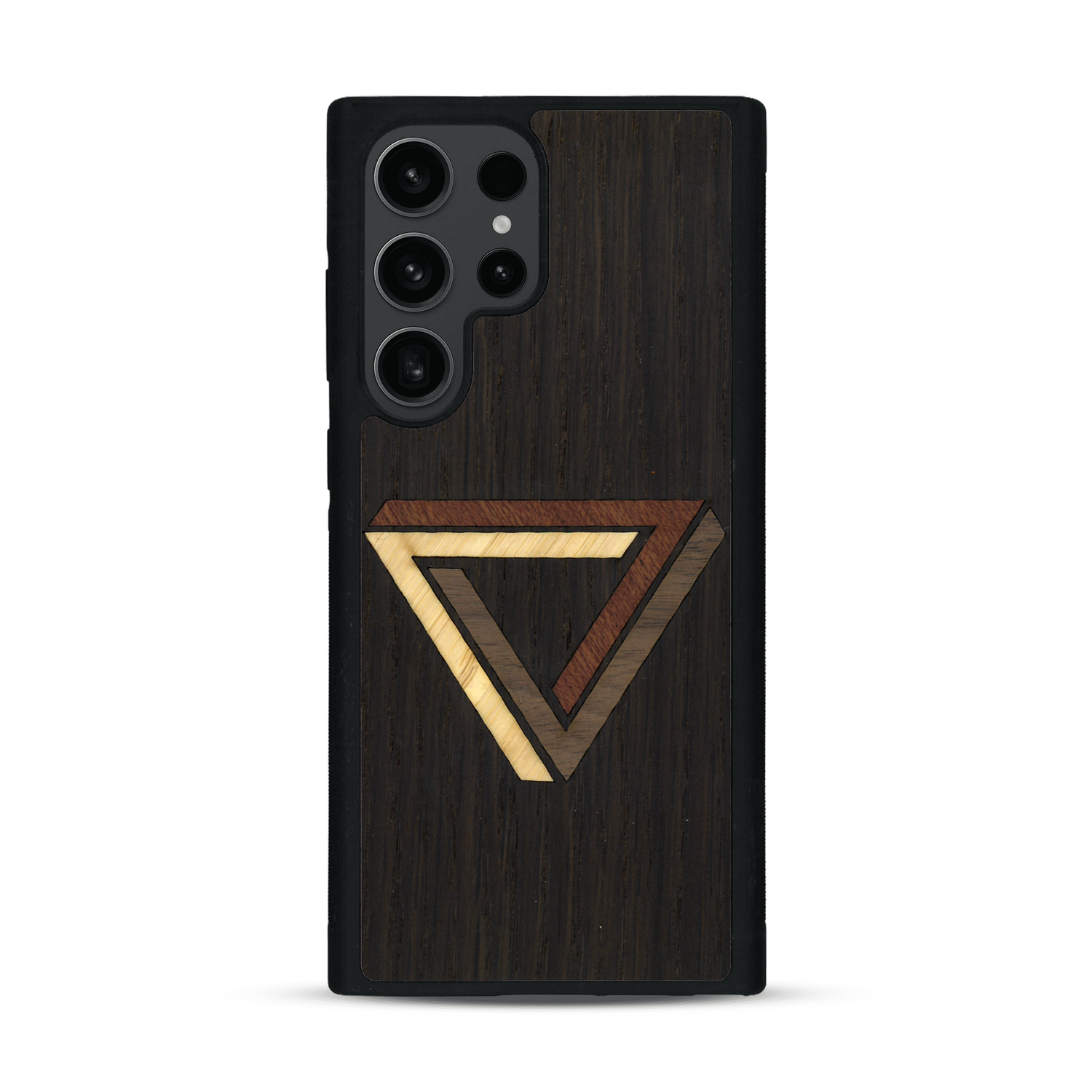 Coque de protection en bois véritable fabriquée en France pour  sur le thème de l'art géométrique qui allie du chêne fumé, du noyer, du bambou et du padouk représentant le triangle de penrose