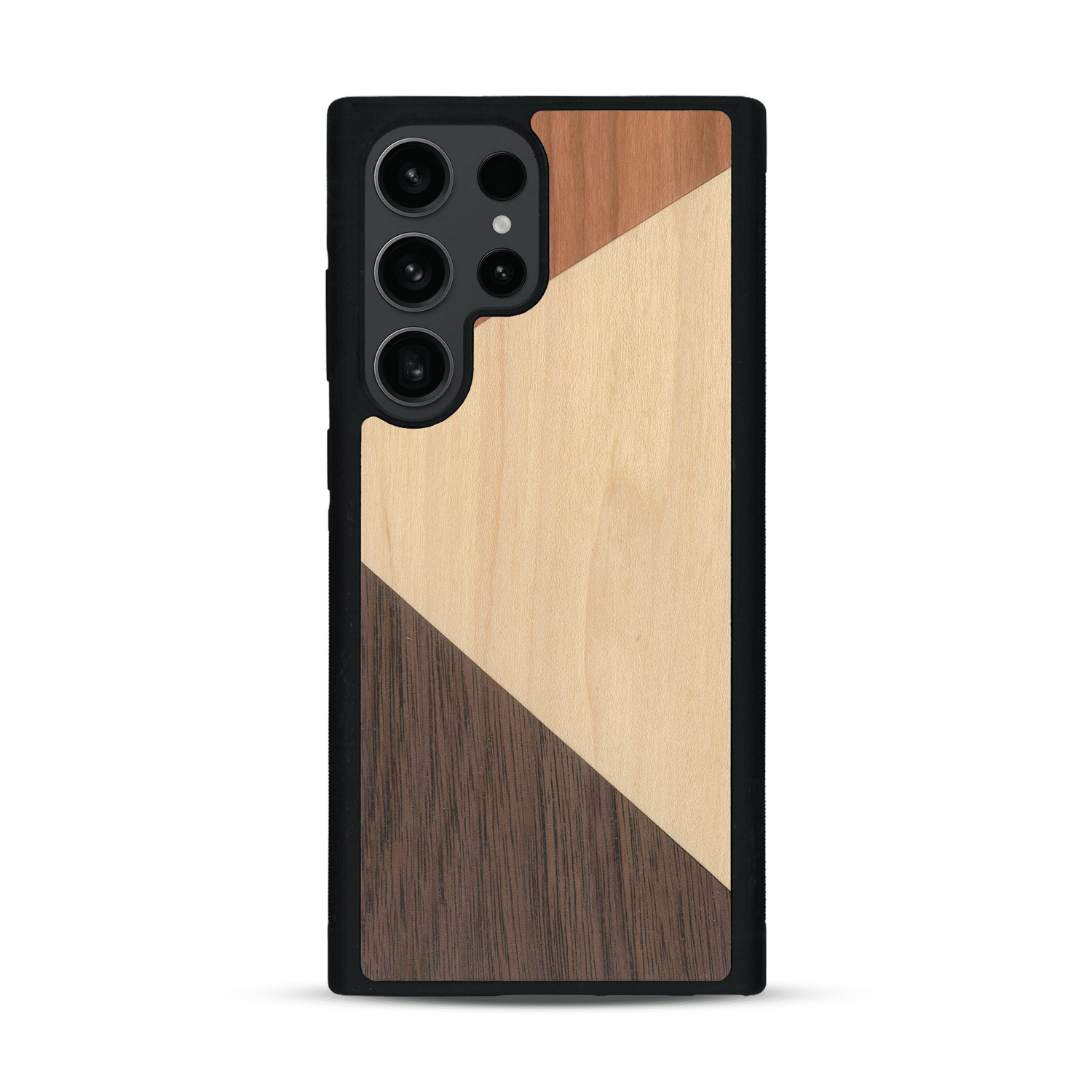 Coque de protection en bois véritable fabriquée en France pour  alliant du merisier, du noyer et du bambou formant chacun deux triangles et un trapèze avec deux jointures en diagonale sur le thème de l'art abstrait