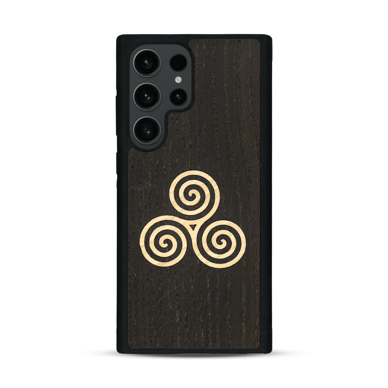 Coque de protection en bois véritable fabriquée en France pour  alliant du chêne fumé et du bambou et doré représentant un triskell