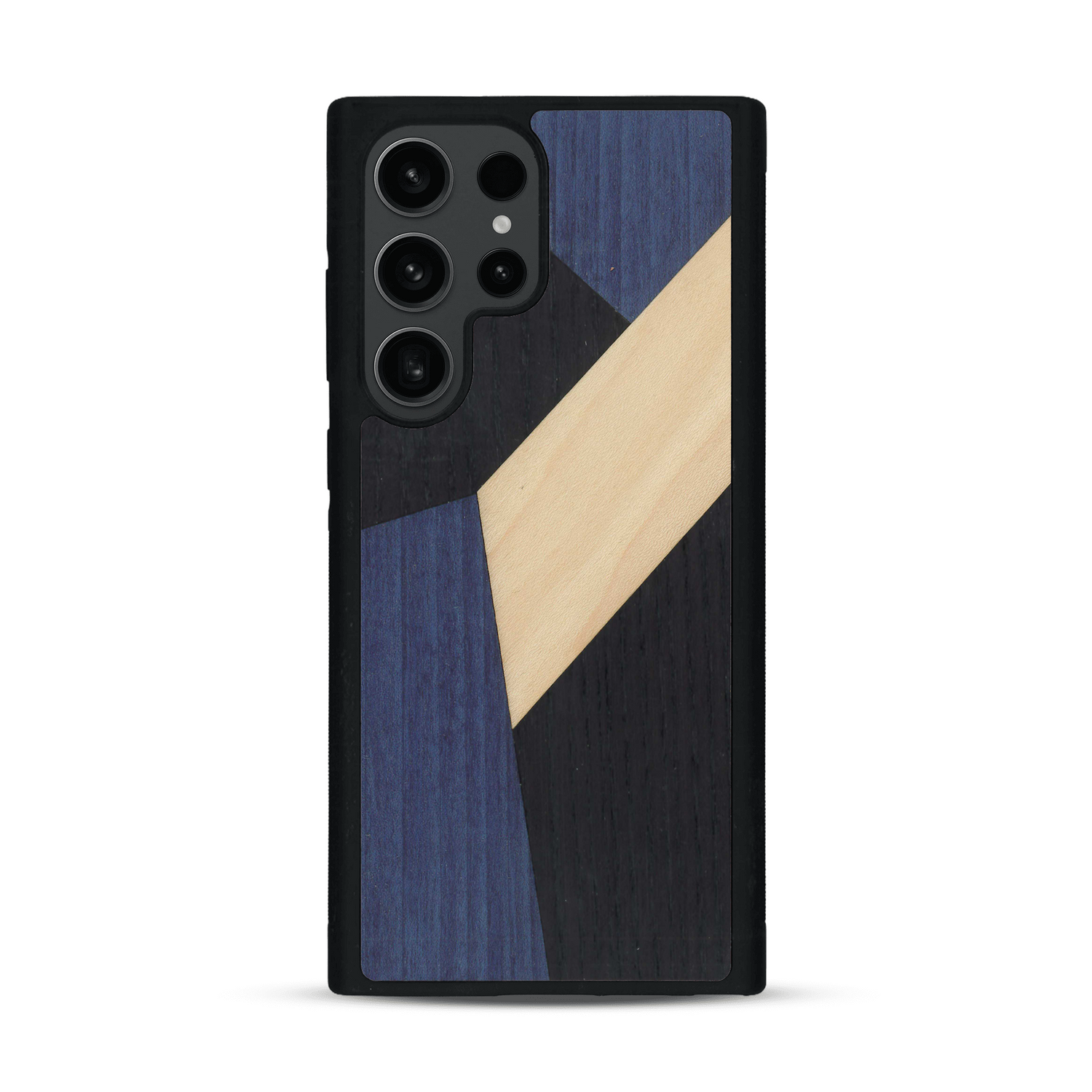 Coque de protection en bois véritable fabriquée en France pour  alliant du bambou, du tulipier bleu et noir en forme de mosaïque minimaliste sur le thème de l'art abstrait