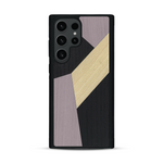 Coque de protection en bois véritable fabriquée en France pour  alliant du bambou, du tulipier mauve et noir en forme de mosaïque minimaliste sur le thème de l'art abstrait