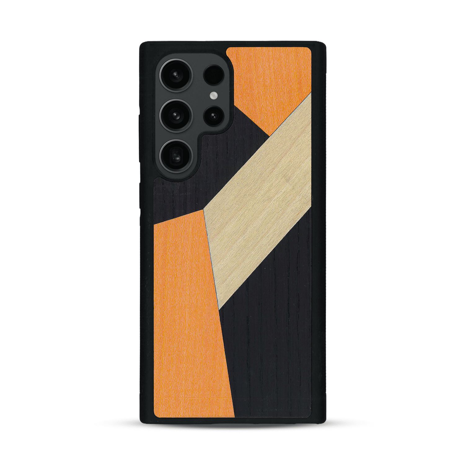 Coque de protection en bois véritable fabriquée en France pour  alliant du bambou, du tulipier orange et noir en forme de mosaïque minimaliste sur le thème de l'art abstrait
