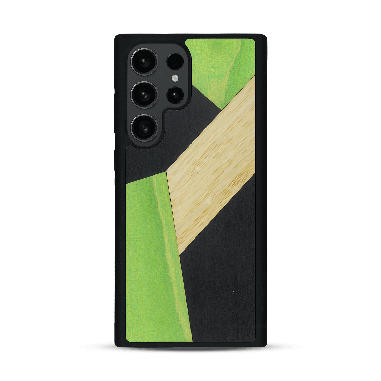 Coque de protection en bois véritable fabriquée en France pour  alliant du bambou, du tulipier vert et noir en forme de mosaïque minimaliste sur le thème de l'art abstrait