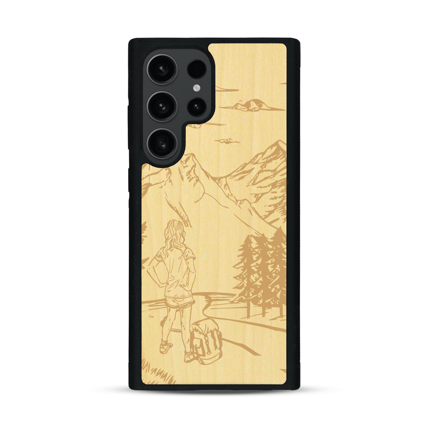 Coque de protection en bois véritable fabriquée en France pour  sur le thème de la randonnée en montagne et de l'aventure avec une gravure représentant une femme de dos face à un paysage de nature