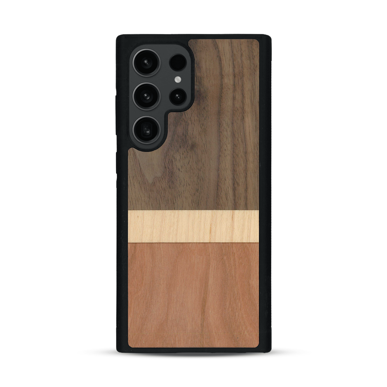 Coque de protection en bois véritable fabriquée en France pour  alliant des bandes horizontales de bambou, merisier et noyer