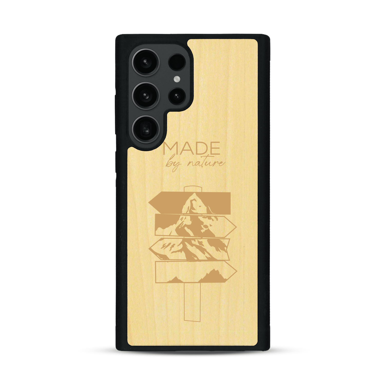 Coque de protection en bois véritable fabriquée en France pour  sur le thème de la nature et des arbres avec une gravure représentant une pomme de pin et la phrase "made by nature"