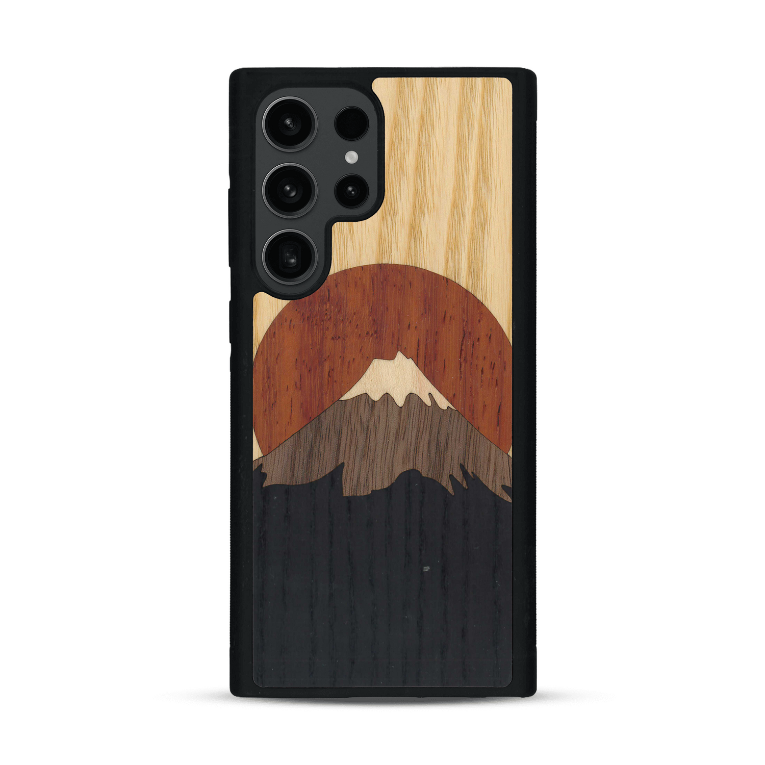 Coque de protection en bois véritable fabriquée en France pour  alliant plusieurs essences de bois pour représenter le mont Fuji