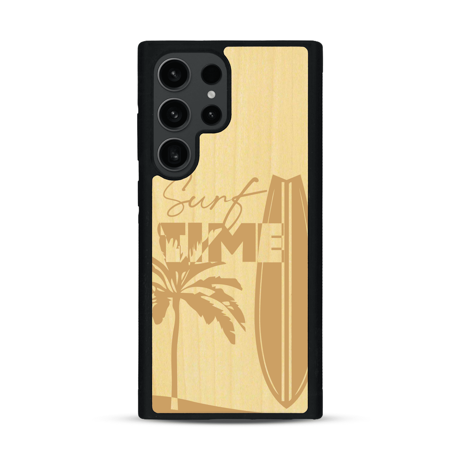 Coque de protection en bois véritable fabriquée en France pour  sur le thème chill avec un motif représentant une silouhette tenant une planche de surf sur une plage entouré de palmiers et les mots "Surf Time Long Beach Miami"