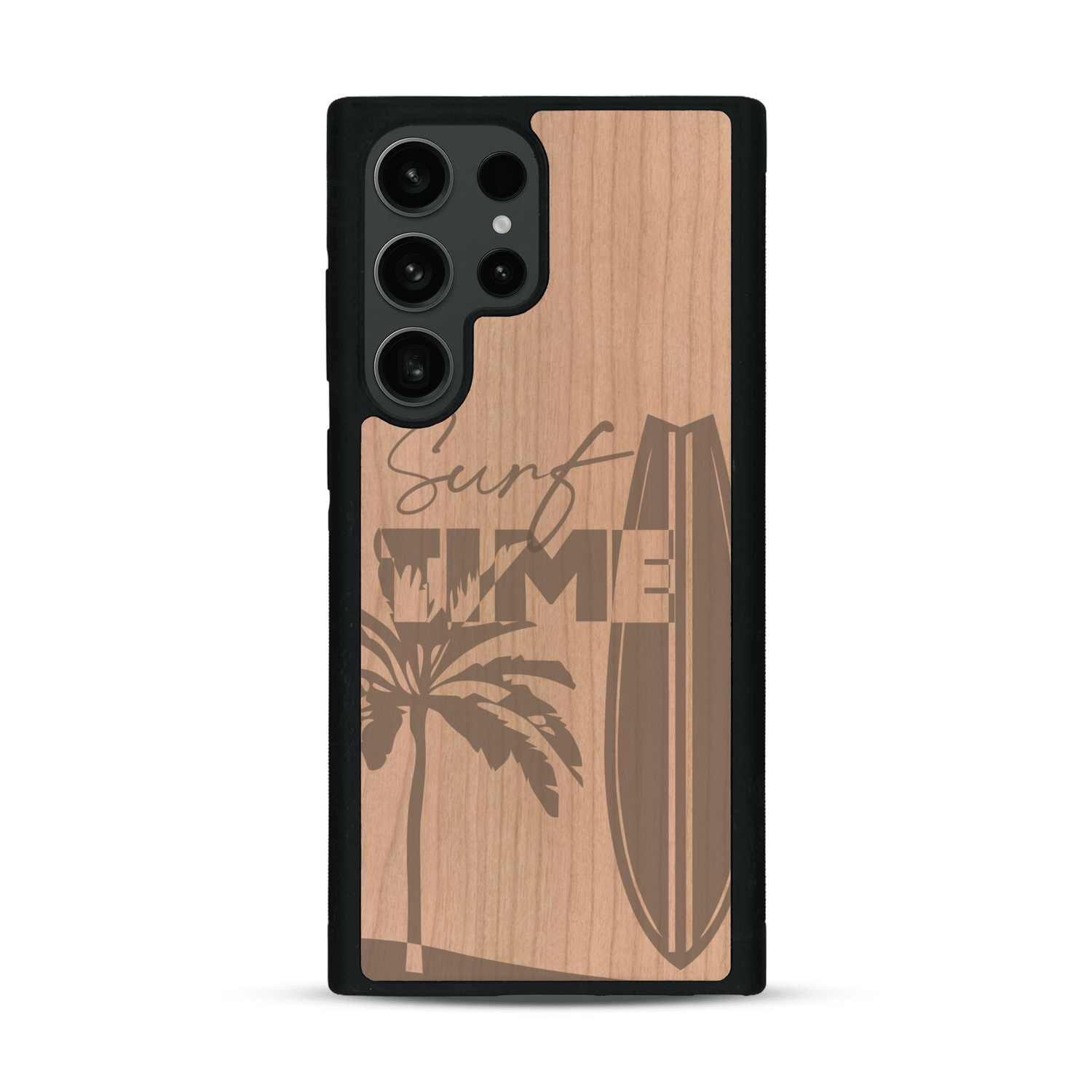 Coque de protection en bois véritable fabriquée en France pour  sur le thème chill avec un motif représentant une silouhette tenant une planche de surf sur une plage entouré de palmiers et les mots "Surf Time Long Beach Miami"