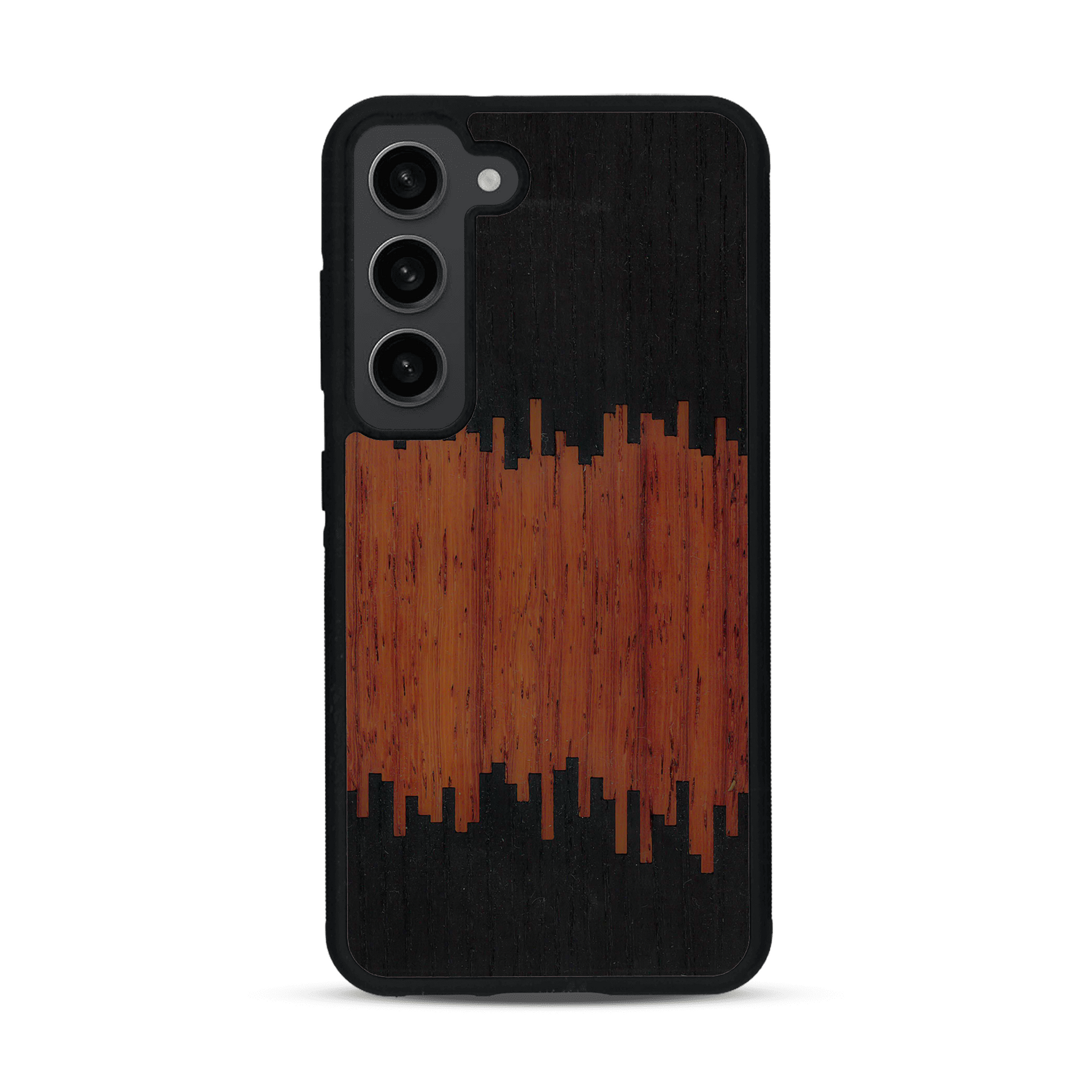 Coque de protection en bois véritable fabriquée en France pour  alliant plusieurs essences de bois pour représenter du magma en fusion