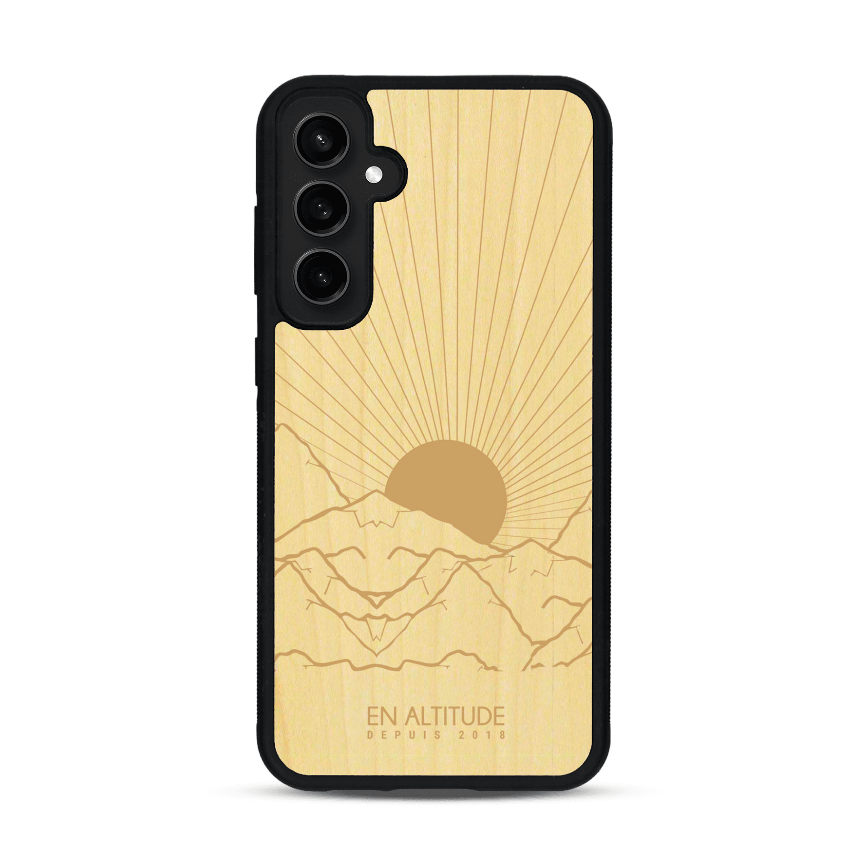 Coque de protection en bois véritable fabriquée en France pour  représentant des montagnes, sur le thème de la randonnée en pleine nature et du trail