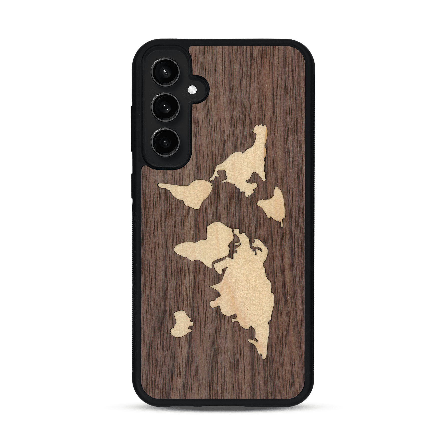 Coque de protection en bois véritable fabriquée en France pour  alliant du bambou et du noyer sur le thème du voyage et de l'aventure représentant une mappemonde