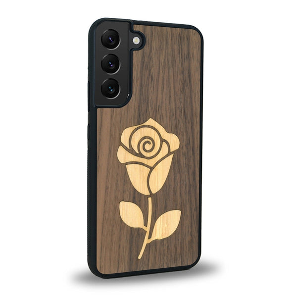 Coque de protection en bois véritable fabriquée en France pour Samsung S23FE alliant plusieurs essences de bois pour représenter une rose