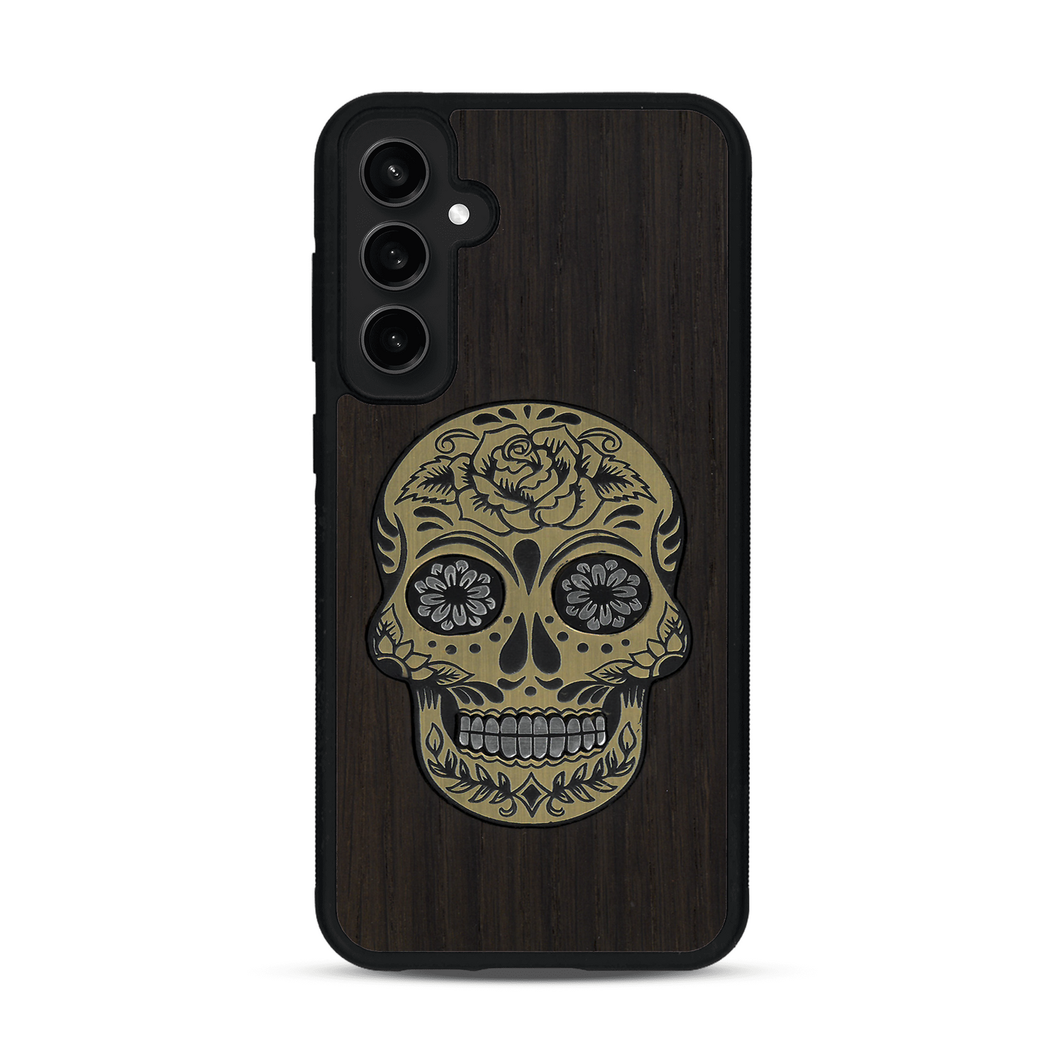 Coque de protection en bois véritable fabriquée en France pour  alliant du chêne fumé avec du métal argenté et doré représentant une tête de mort mexicaine sur le thème Dia de los Muertos