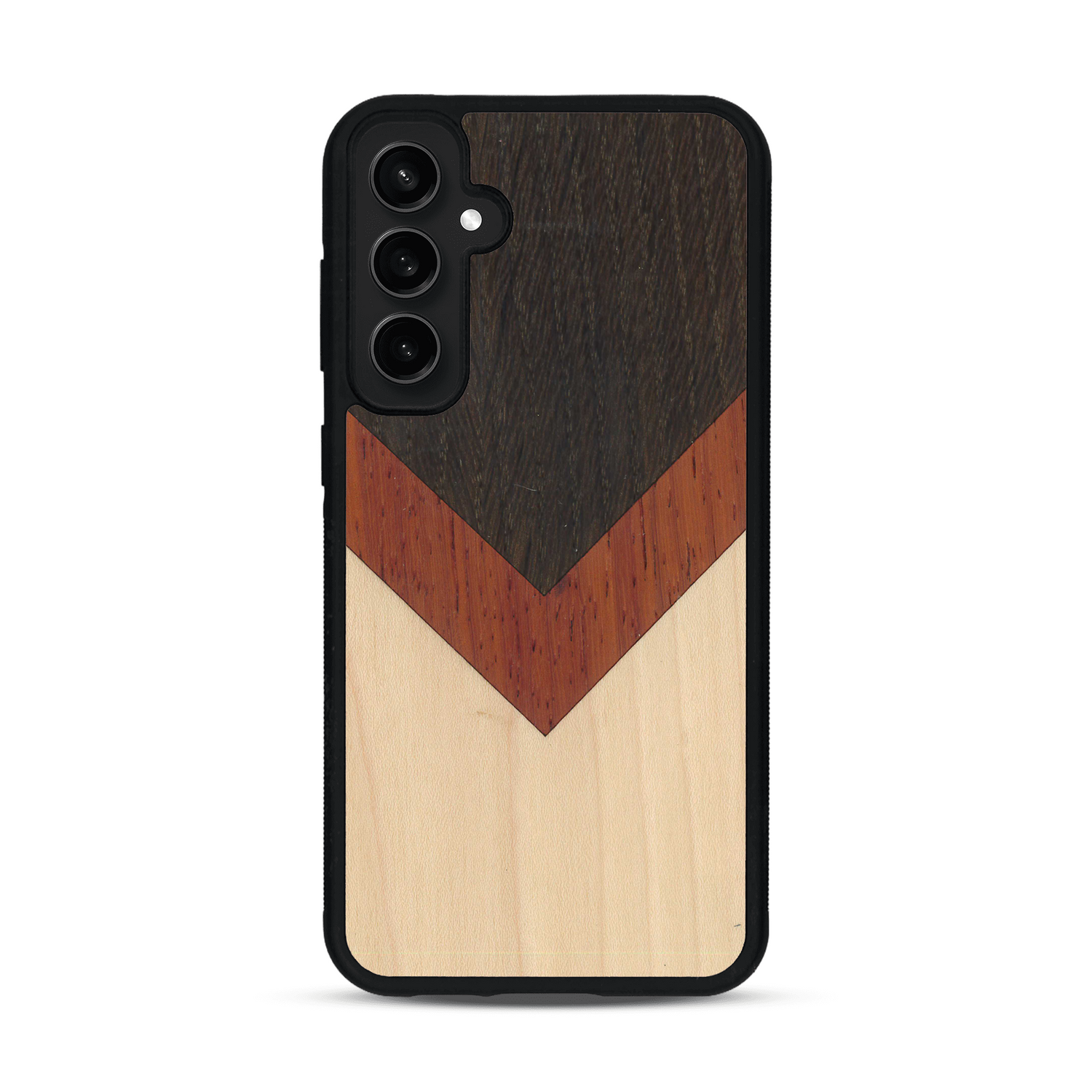 Coque de protection en bois véritable fabriquée en France pour  alliant du chêne fumé, du padouk et du bambou en forme de chevron sur le thème de l'art abstrait