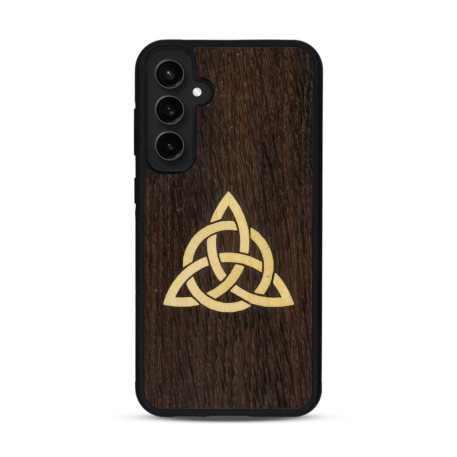 Coque de protection en bois véritable fabriquée en France pour  alliant du chêne fumé et du bambou représentant une triquetra