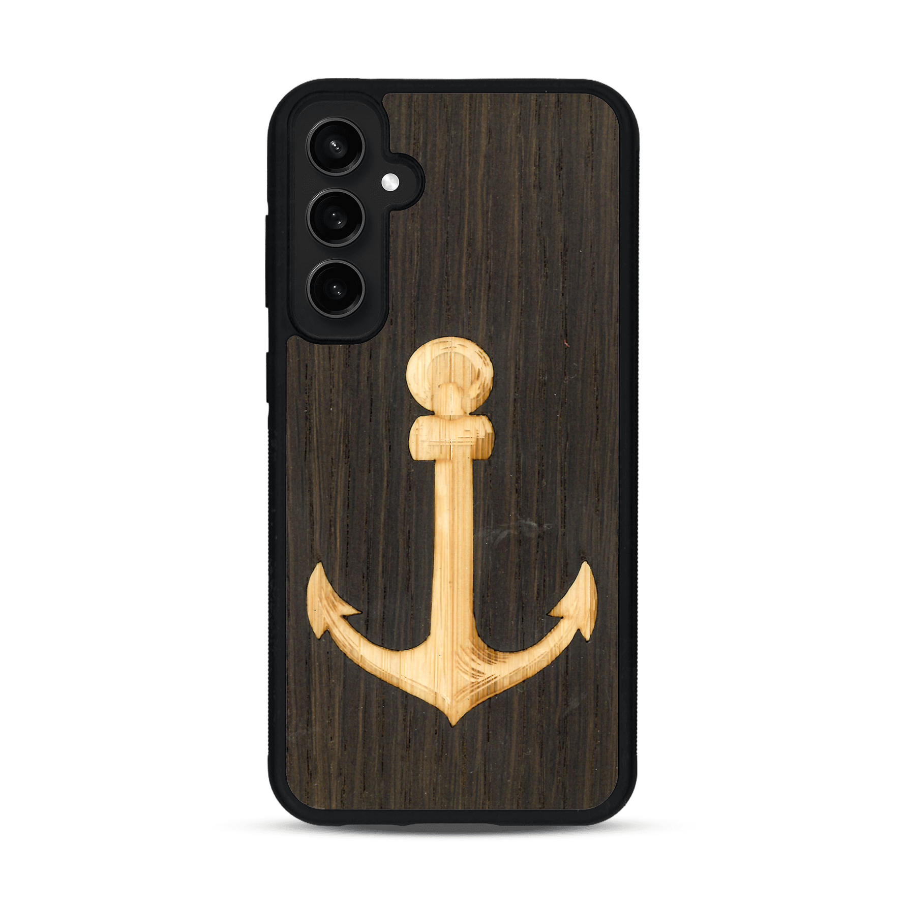 Coque de protection en bois véritable fabriquée en France pour  sur le thème nautique avec un bois clair et un bois foncé représentant une ancre de bateau