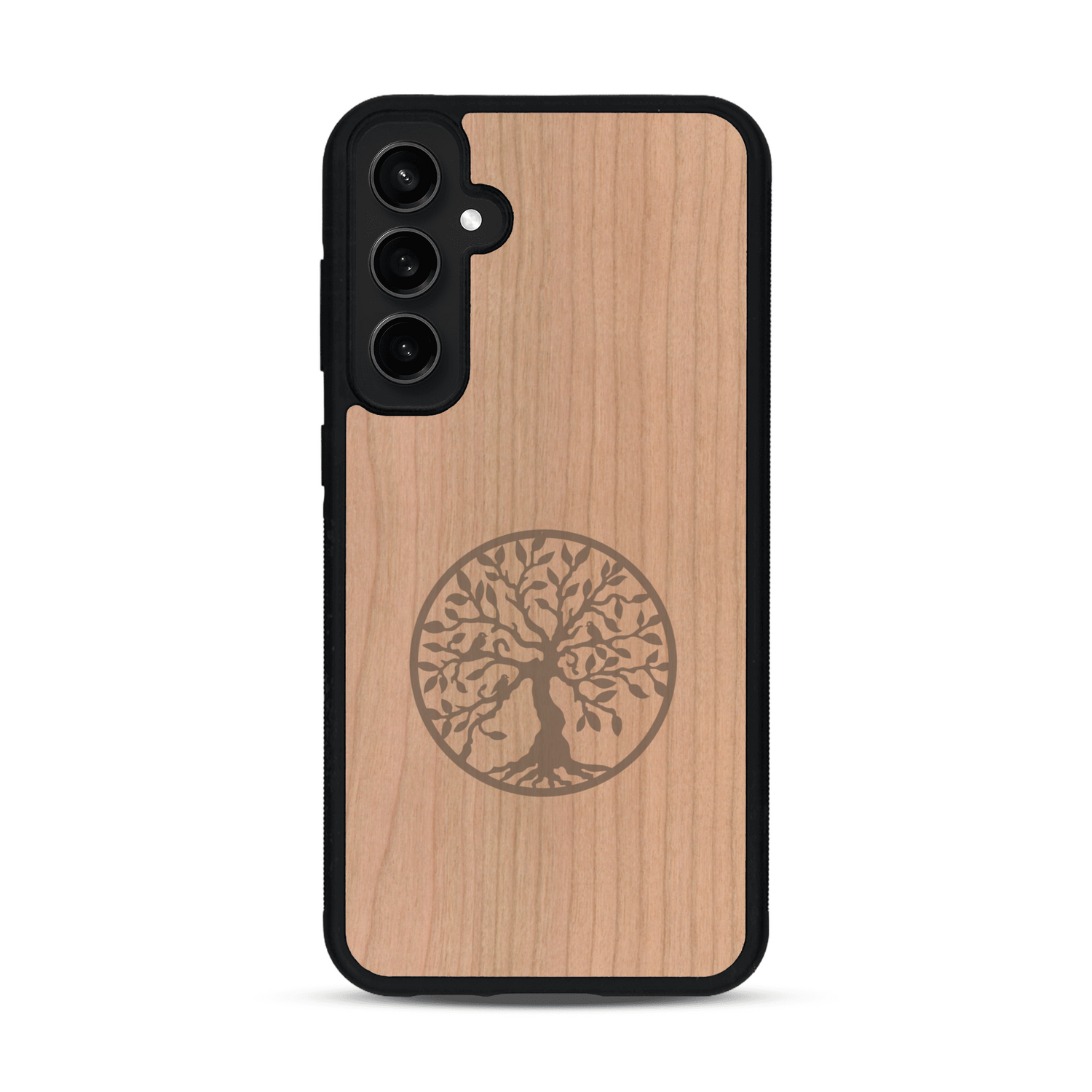 Coque de protection en bois véritable fabriquée en France pour  sur le thème de la spiritualité et du yoga avec une gravure zen représentant un arbre de vie