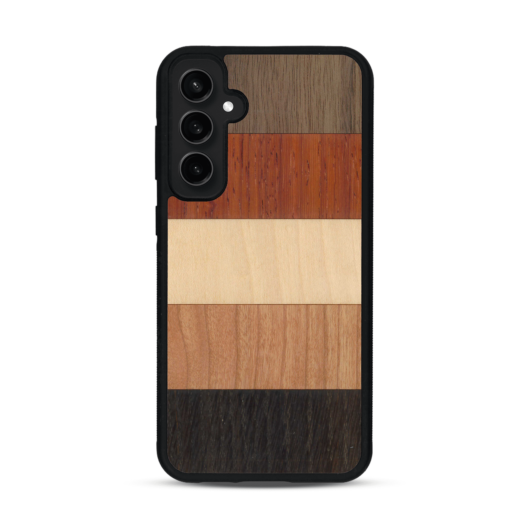 Coque de protection en bois véritable fabriquée en France pour  alliant des bandes horizontales de bambou, merisier, padouk, noyer et chêne fumé