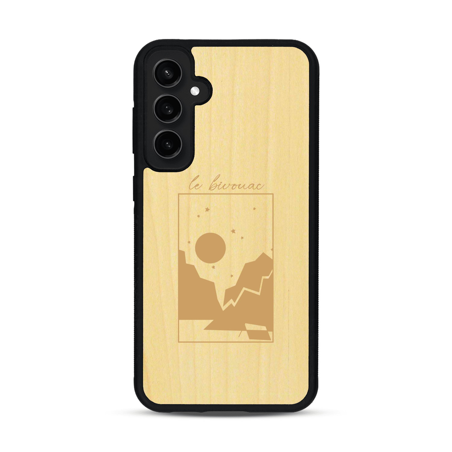 Coque de protection en bois véritable fabriquée en France pour  sur le thème du camping en pleine nature et du bivouac avec la phrase "Aventure is out there"