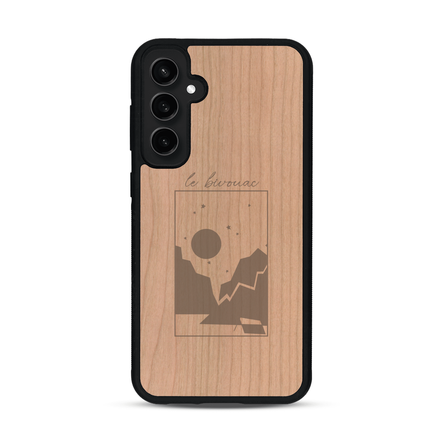 Coque de protection en bois véritable fabriquée en France pour  sur le thème du camping en pleine nature et du bivouac avec la phrase "Aventure is out there"