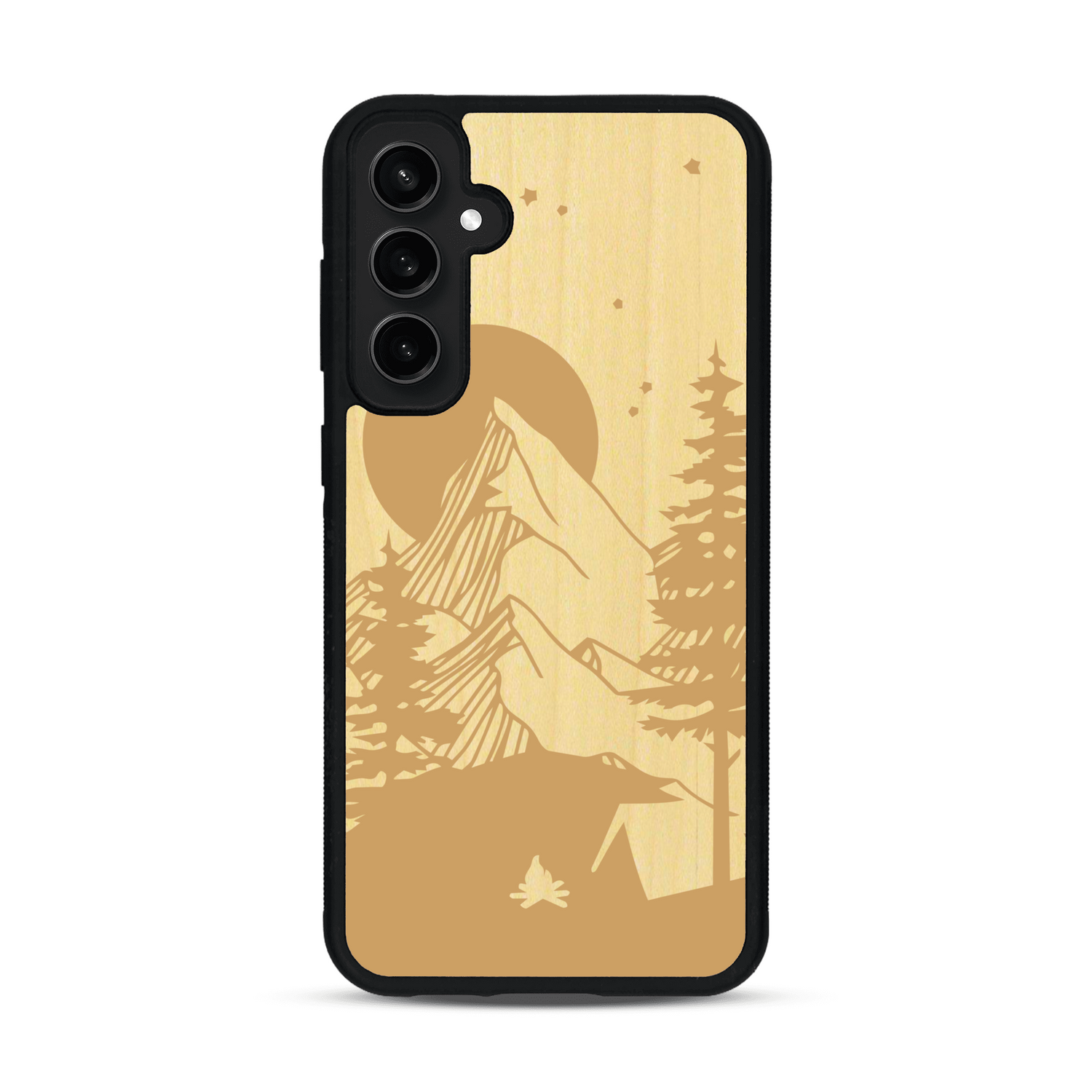 Coque de protection en bois véritable fabriquée en France pour  sur le thème du camping en pleine nature représentant une tente avec un feu de camp entouré de montagnes